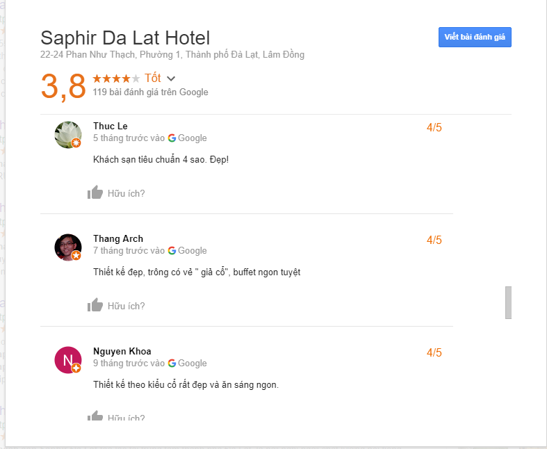 Đánh giá khách sạn saphir Đà Lạt