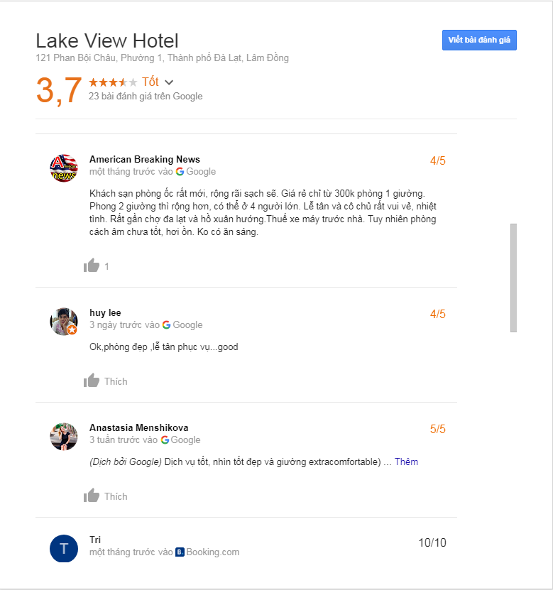 Đánh giá khách sạn Lake View Đà Lạt