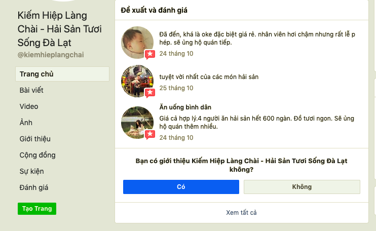 Đánh giá quán Kiếm Hiệp Làng Chài