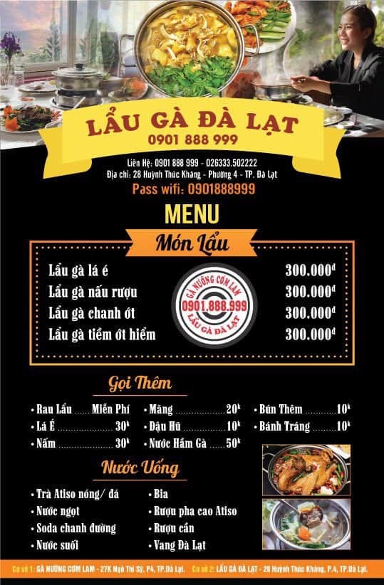 Menu lẩu gà lá é Đà Lạt 0901888999