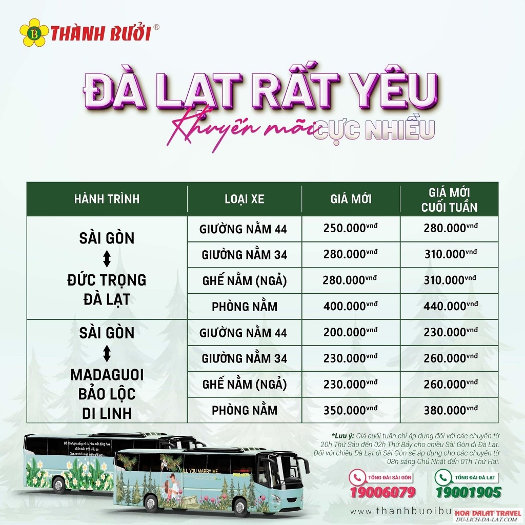 Giá vé nhà xe Thành Bưởi đi Đà Lạt