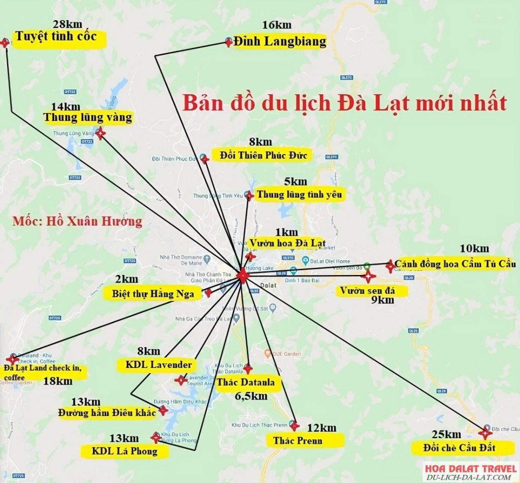 Bản đồ các điểm du lịch Đà Lạt theo cung đường
