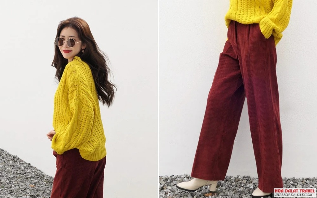 Áo len và quần culottes rộng