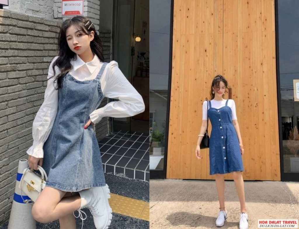 Phối đồ Váy yếm jean và Áo sơ mi