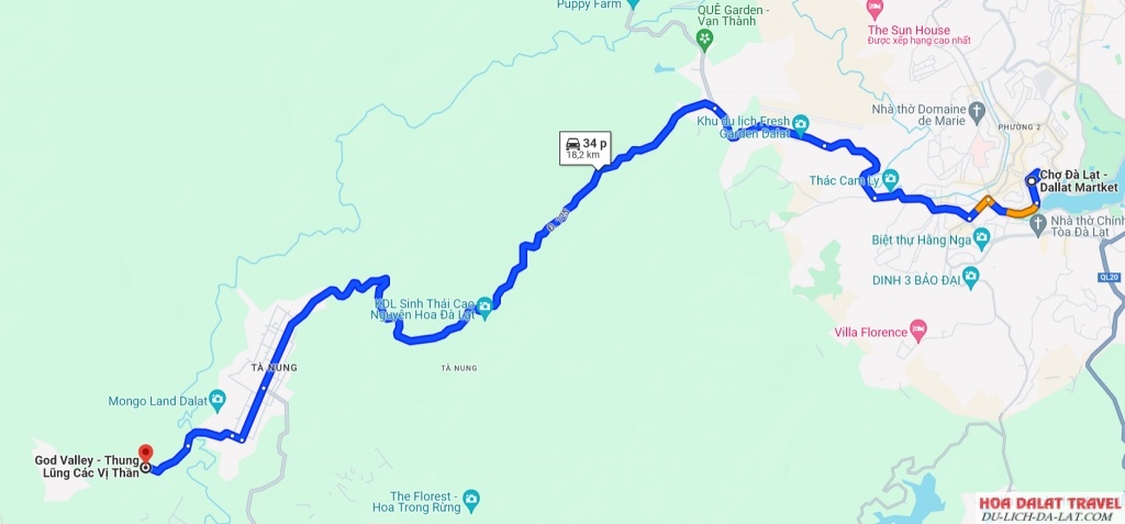 Bản đồ hướng dẫn đường đi đến GOD Valley – Thung Lũng Các Vị Thần từ chợ Đà Lạt