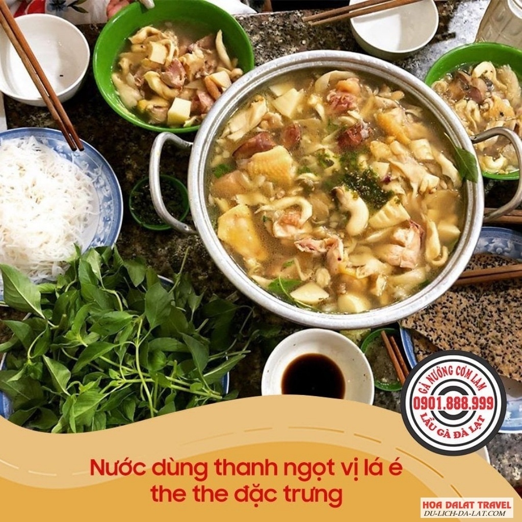 Lẩu Gà Đà Lạt 0901888999 với nước dùng thanh ngọt vị lá é the the đặc trưng