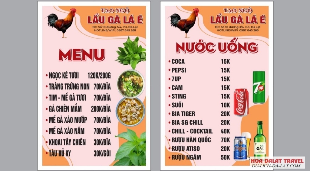 Menu quán Tao Ngộ đường 3/4 tập trung vào việc phục vụ món lẩu gà lá é
