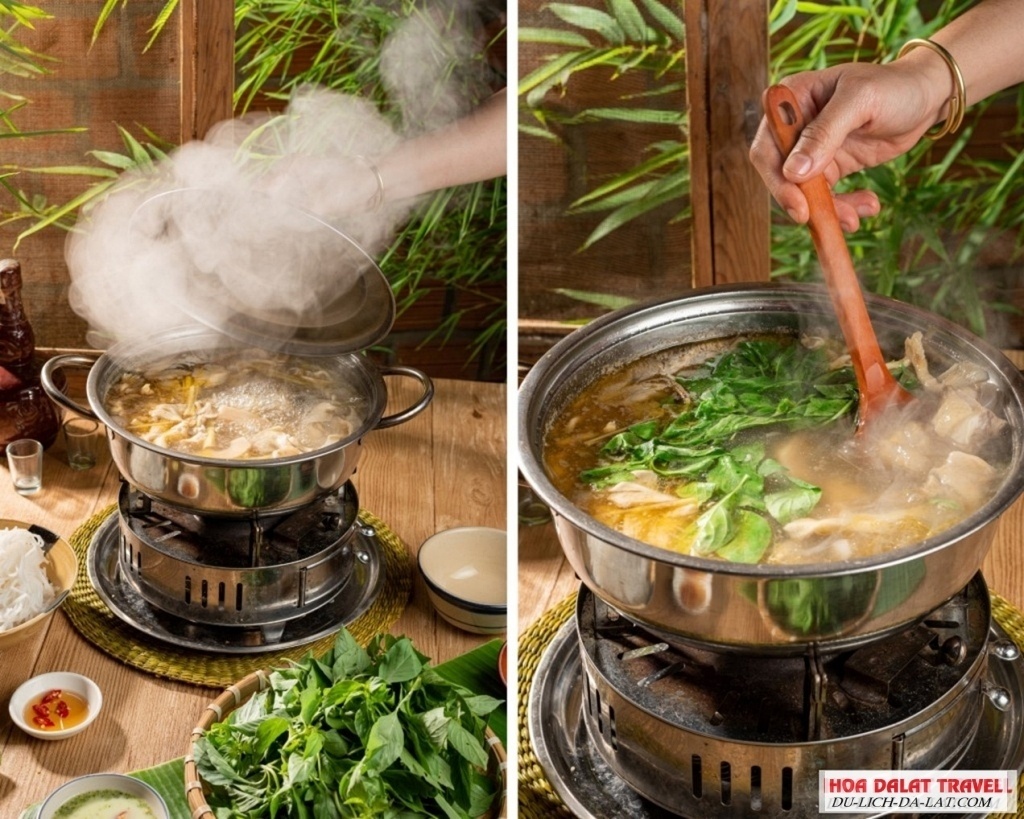 Lẩu gà lá é Nam Anh Phát thường được ăn kèm với các loại rau tạo nên hương vị độc đáo