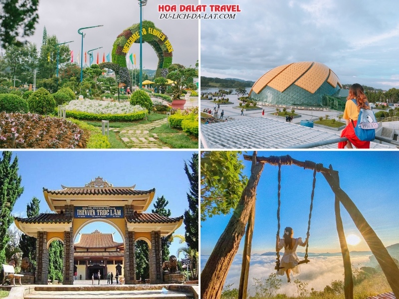 Điểm tham quan tại Đà Lạt như vườn hoa thành phố, quảng trường Lâm Viên, Thiền Viện Trúc Lâm, Đồi chè Cầu Đất